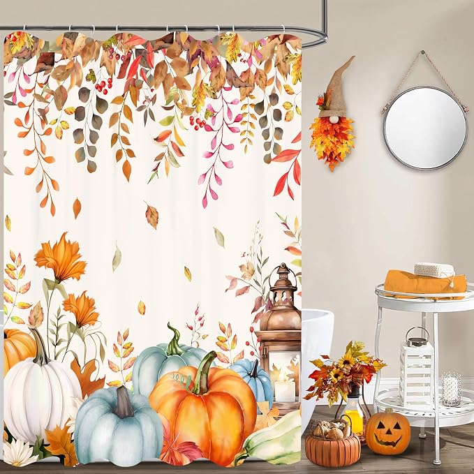 Fall Shower Curtain Set Autumn Pumpkin Eucalyptus Leaves Shower Curtains Rustic Waterproof Fabric Bath Curtains with 12 Hooks for Fall Home Bathroom Decor, 72 x 72 Inches
