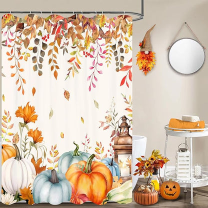 Fall Shower Curtain Set Autumn Pumpkin Eucalyptus Leaves Shower Curtains Rustic Waterproof Fabric Bath Curtains with 12 Hooks for Fall Home Bathroom Decor, 72 x 72 Inches