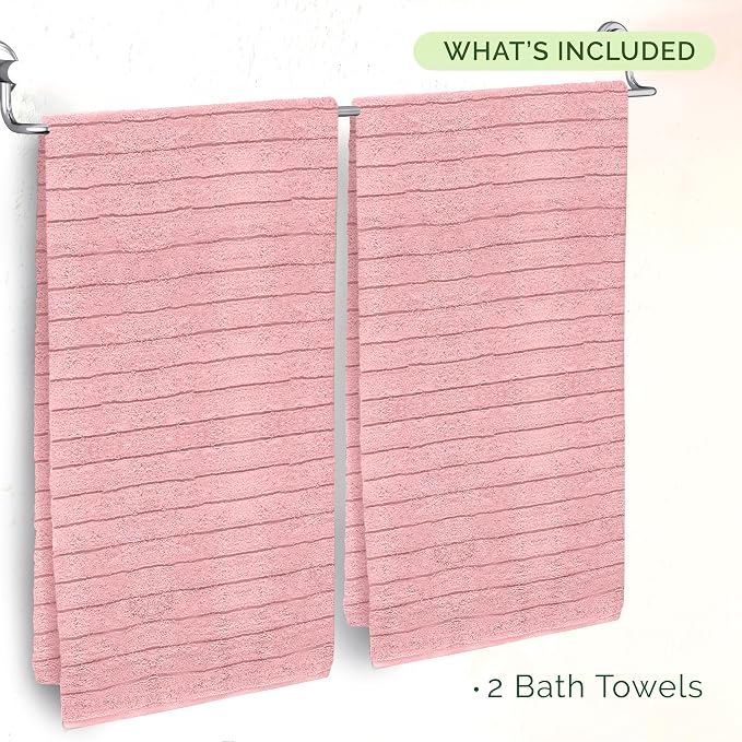 Elegant Comfort 100% Turkish Cotton Corduroy Ribbed Luxury Soft 2 Pack Bath Towels 27 x 54 Inch - Ultra Plush, Absorbent, Quick Dry, Hotel Spa Quality Towels for Bathroom Essentials, Dusty Rose