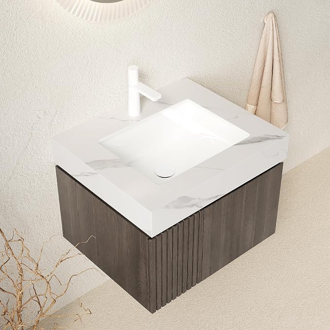 KEIKI 24 Inch Floating Bathroom Vanity with Sink, Espresso & White | Modern Wall Mounted Storage Cabinet with 2 Doors, Pre-assembled Wood Panels, Sintered Stone Top & Ceramic Basin Combo Set
