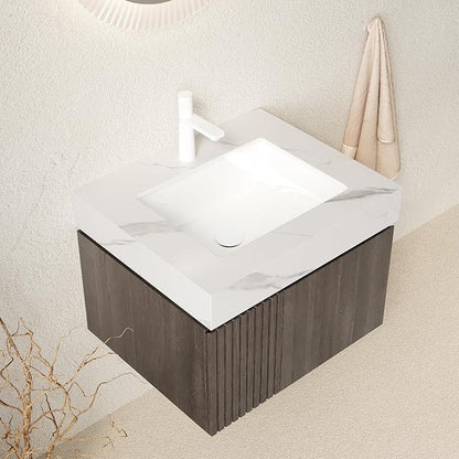KEIKI 24 Inch Floating Bathroom Vanity with Sink, Espresso & White | Modern Wall Mounted Storage Cabinet with 2 Doors, Pre-assembled Wood Panels, Sintered Stone Top & Ceramic Basin Combo Set