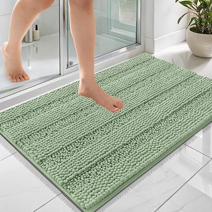 OLANLY Thick Bathroom Rugs 36x24, Chenille Striped Bath Rugs, Sage Green | Rubber Backing, Machine Wash, Extra Soft Absorbent Bath Mats for Bathroom Floor, Tub and Shower, Home Decor Accessories