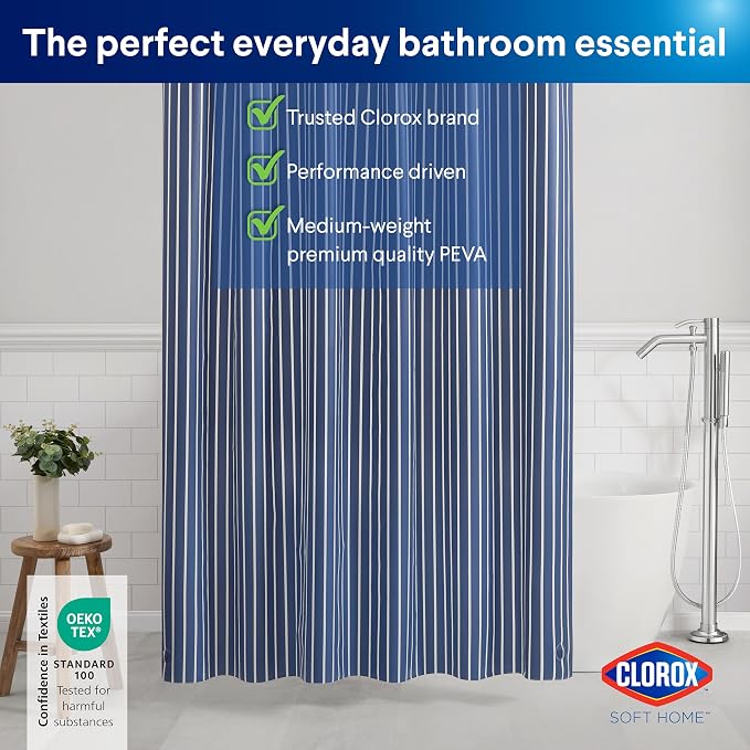 Clorox Shower Curtain Liner, Premium Striped Medium-Weight Durable Waterproof 6g PEVA for Bathroom with Weighted Magnets, Printed Standard Size 72" x 72", Navy