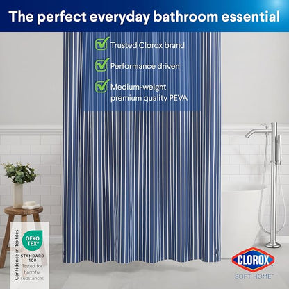 Clorox Shower Curtain Liner, Premium Striped Medium-Weight Durable Waterproof 6g PEVA for Bathroom with Weighted Magnets, Printed Standard Size 72" x 72", Navy