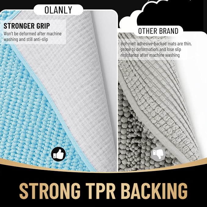 OLANLY Thick Chenille Small Bathroom Rugs Mats 24x16, Sky Blue | Soft Absorbent Bath Rugs, Rubber Backing, Machine Wash Dry, Bath Mats for Bathroom, Tub and Shower, Home Decor Accessories