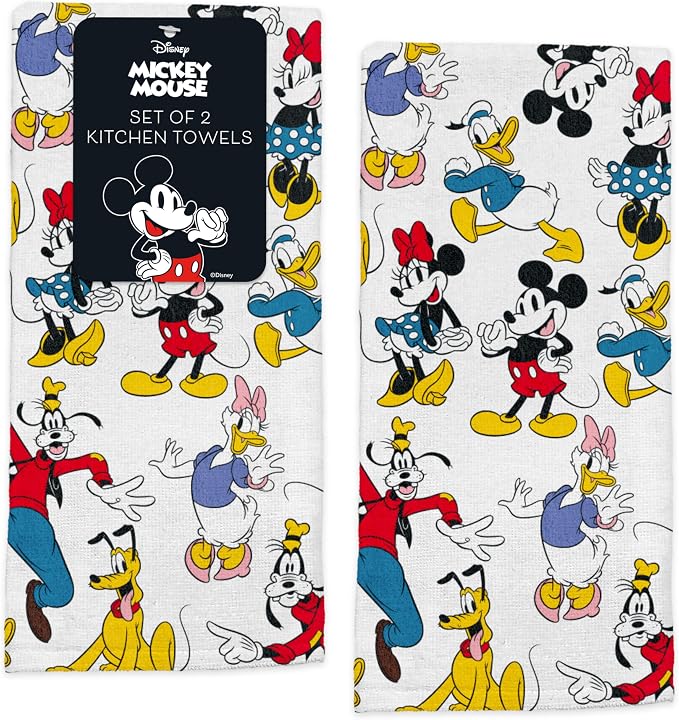 Disney Mickey & Friends Cotton Kitchen Towels, 2-Pack 16"x26", Absorbent | Durable, colorfast dish towels resist fraying, machine washable, dries dishes, hangs on oven handles, great for gifting