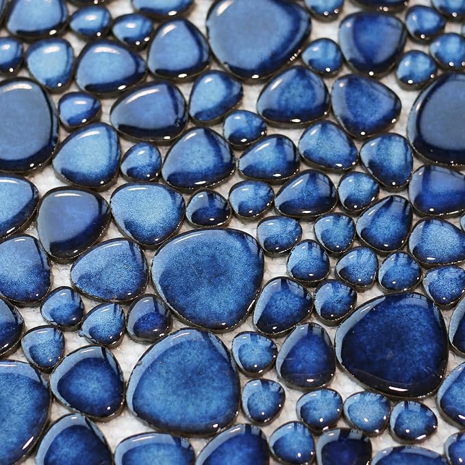Cobalt Blue Pebble Tiles for Shower Floor Bathroom Floor Wall Mosaic Tile [Set of 5 Sheets]