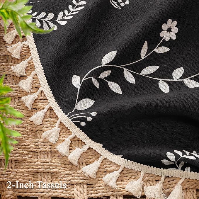 Boho Black Vintage Shower Curtain with Tassels 72 x 72 Inch | Bohemian Floral Linen Fabric Pattern Curtain Curtain For Bathroom
