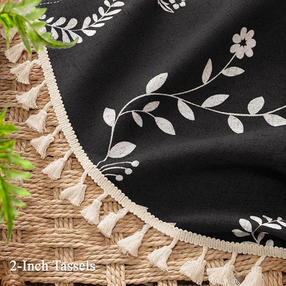 Boho Black Vintage Shower Curtain with Tassels 72 x 72 Inch | Bohemian Floral Linen Fabric Pattern Curtain Curtain For Bathroom
