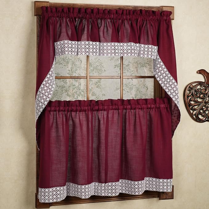 Sweet Home Collection Kitchen Curtains for Windows 40+ Styles & Colors Swag, Valance, Tier Sets & Panels Cafe Curtains for Farmhouse, Rustic, Modern Décor, Salem Burgundy, 36" Tier Valance Set
