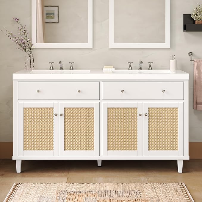 60" Double Sink Bathroom Vanity with Double Sinks, Soft Closing Doors and Flip-Out Drawers, Solid Wood Frame & MDF Modern Wood Bathroom Sink Cabinet, Freestanding Solid Wood Legs