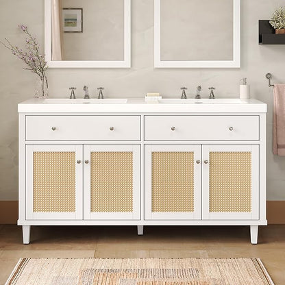 60" Double Sink Bathroom Vanity with Double Sinks, Soft Closing Doors and Flip-Out Drawers, Solid Wood Frame & MDF Modern Wood Bathroom Sink Cabinet, Freestanding Solid Wood Legs