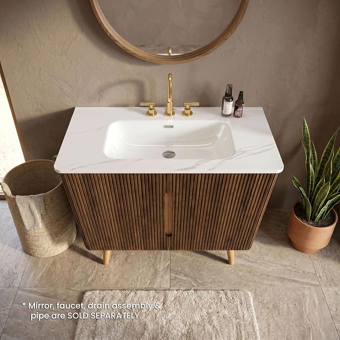 36" Modern Bathroom Vanity with Sink, Mid Century Modern Walnut Bathroom Cabinet with Carrara Marble Finish Sink, Doors, Large Storage with Adjustable Shelf