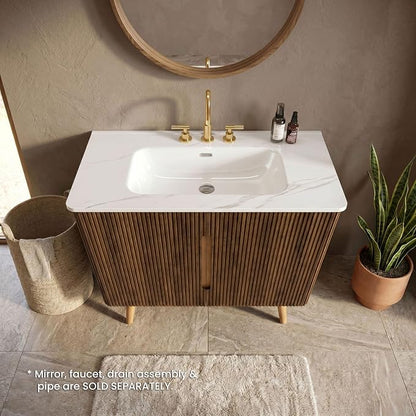 36" Modern Bathroom Vanity with Sink, Mid Century Modern Walnut Bathroom Cabinet with Carrara Marble Finish Sink, Doors, Large Storage with Adjustable Shelf