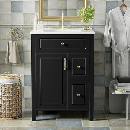 Favfurish 24" Bathroom Vanity with Ceramic Sink,Free Standing Single Basin Vanity w/Soft Close Door and Soft Closing Drawers,Wooden Bath Cabinet with Double Storage Racks on The Door,Black