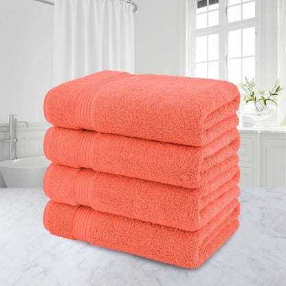American Veteran Towel, 100% Cotton Turkish Bath Towels for Bathroom 4 Pack, 27x54 Extra Large Premium Soft Drying Bathroom Towels, Coral