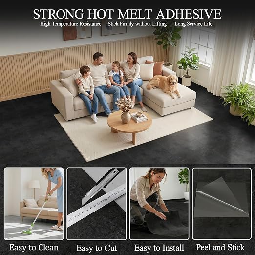 DEXDE Peel and Stick Floor Tile Black Waterproof Vinyl, 2FTx2FT 10 PC | Waterproof Self-adhesive Vinyl Tiles, 40 Sq.Ft (10 Large 24"x24" PC), Vinyl Flooring for Bathroom Kitchen DIY Upgrades