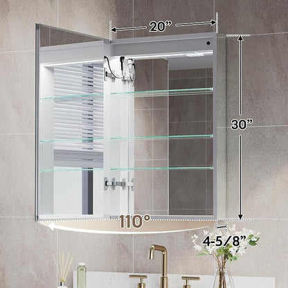 WELLFOR 20" X 30" Bathroom LED Medicine Cabinet with Mirror, Medicine Cabinet with Lights, Bathroom Mirror with Storage, Dimmer, Defogger, Outlets & USB Ports, Left Opening Door