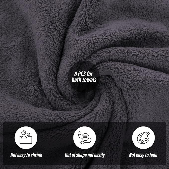 MOONQUEEN 6 Pack Premium Bath Towel Set - Quick Drying - Microfiber Coral Velvet Highly Absorbent Towels - Multipurpose Use as Bath Fitness, Bathroom, Shower, Sports, Yoga Towel (Dark Grey)