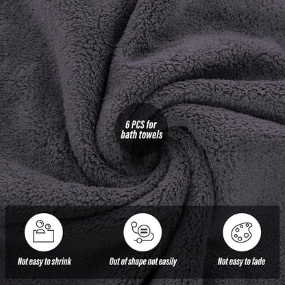 MOONQUEEN 6 Pack Premium Bath Towel Set - Quick Drying - Microfiber Coral Velvet Highly Absorbent Towels - Multipurpose Use as Bath Fitness, Bathroom, Shower, Sports, Yoga Towel (Dark Grey)