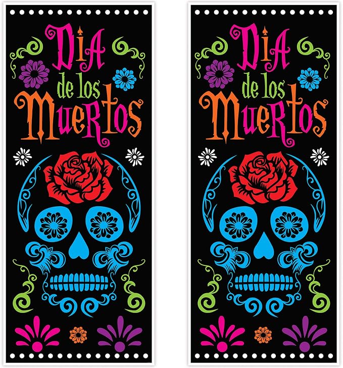Beistle Day Of The Dead Door Covers – 2 All-Weather Día de los Muertos Plastic Door and Wall Decorations, Sugar Skull Design for Halloween Parties, Cultural Celebrations and Fiesta Events, 6' x 30"