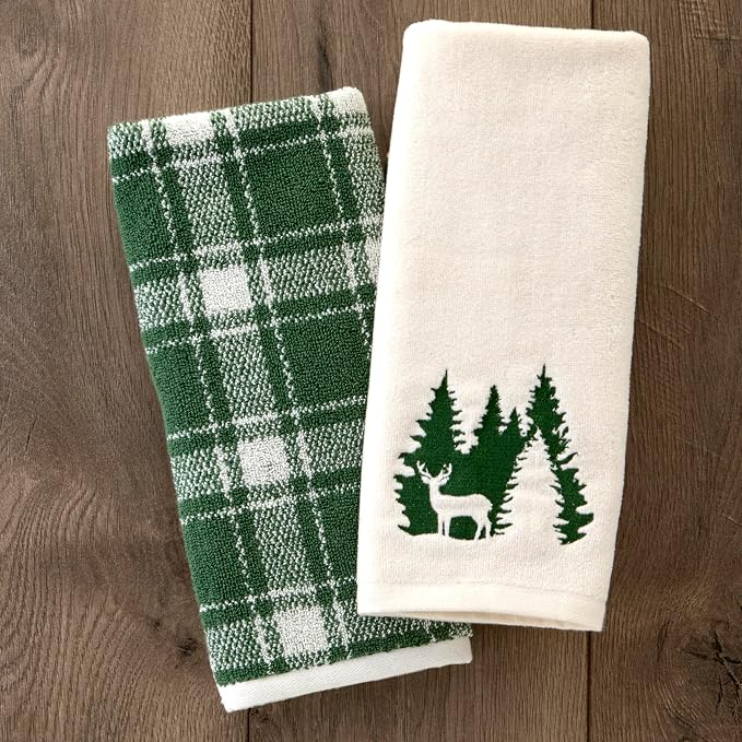 SKL Home Christmas Buffalo Plaid 2-Pc Hand Towel Set, Jacquard, Spruce | Plush & absorbent with reversible pattern. Great for use in the bathroom, kitchen, or bar & holiday gifting.