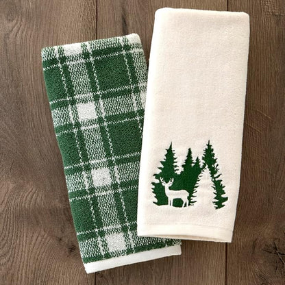 SKL Home Christmas Buffalo Plaid 2-Pc Hand Towel Set, Jacquard, Spruce | Plush & absorbent with reversible pattern. Great for use in the bathroom, kitchen, or bar & holiday gifting.