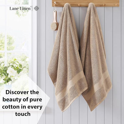 LANE LINEN Bath Towel Set 100% Cotton 4 Piece Soft Absorbent - Taupe | Cotton Bath Towels - Densely Woven, Coordinated Colors, Dobby Border Accent, OEKO-TEX Certified, Ring-Spun Durability