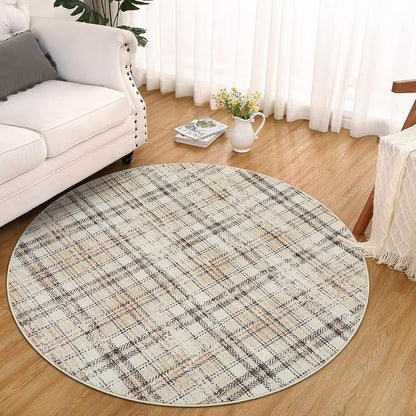 Tartan Plaid Washable Round Rugs, Non-Slip Soft Round Rug 4ft Ultra-Thin, Small Boho Circle Stain Resistant Low Pile Carpet for Entryway Kitchen Bedroom Nursery Bathroom, Beige
