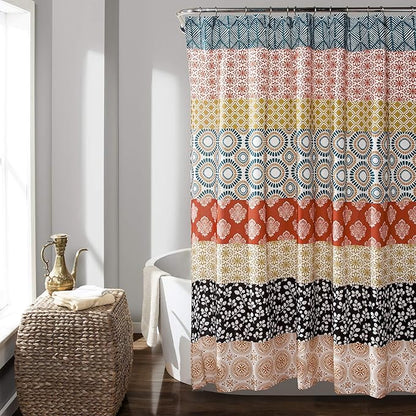 Lush Decor Bohemian Stripe Shower Curtain 72" W x 72" L Turquoise & Orange - Bathroom Curtain - Striped Shower Curtain - Boho Decor - Fabric Shower Curtains