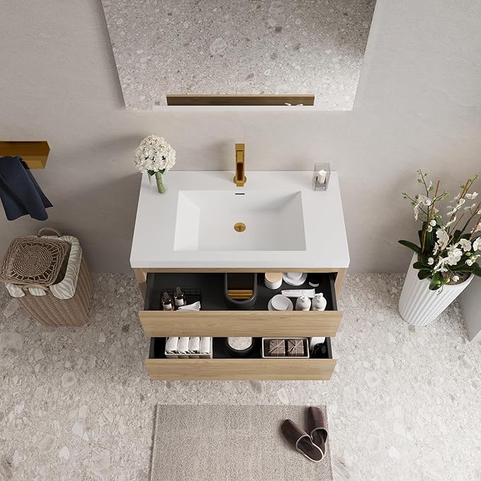 Modern 36" Wall-Mounted Bathroom Vanity with Sink | Floating Storage Cabinet, Stone Resin Countertop, Soft Close Drawers | Natural Oak