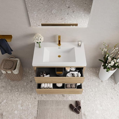 Abruzzo 36" Natural Oak Wall-Mounted Bathroom Vanity with Sink, Stone Resin Countertop & Soft-Close Drawers, Waterproof Wood Cabinet for Small Bathrooms
