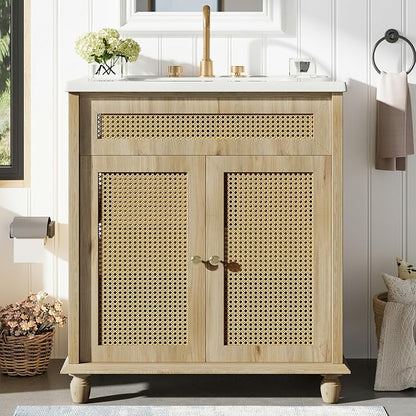 30-Inch Bathroom Vanity with Handwoven Rattan Doors, Shatter-Resistant Resin Basin & Solid Wood Legs – Space-Saving Design, Soft-Close Hinges, Easy Assembly for Small Bathrooms (Natural Wood, 30")