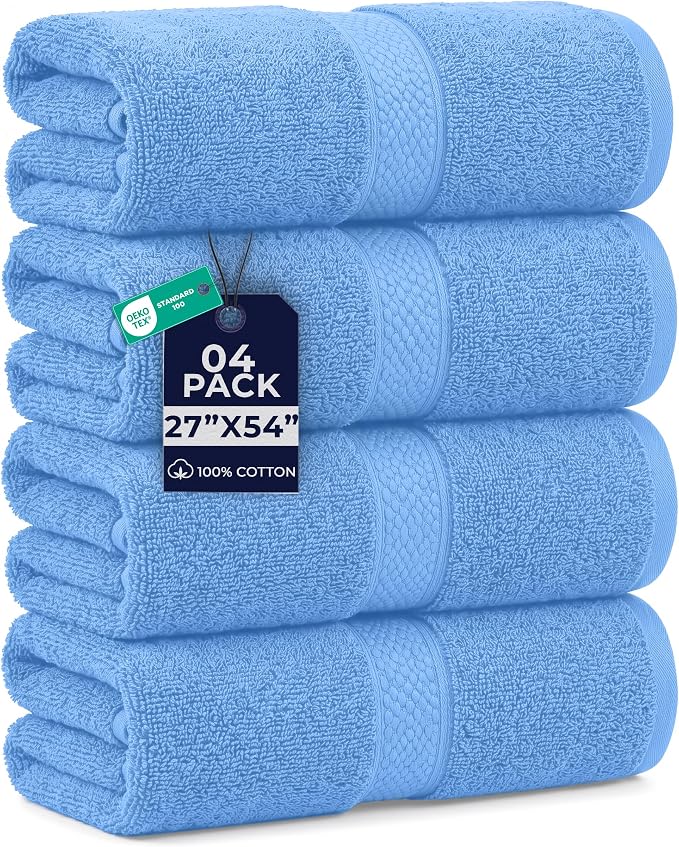 DAN RIVER 600 GSM Cotton Large Bath Towels Set of 4, 27 x 54 Inches, M-Blue | Larger & Lighter Weight Towels for Bathroom - Highly Absorbent & Quick Dry 100% Cotton Bath Towel Set for Home, Spa & Hotel