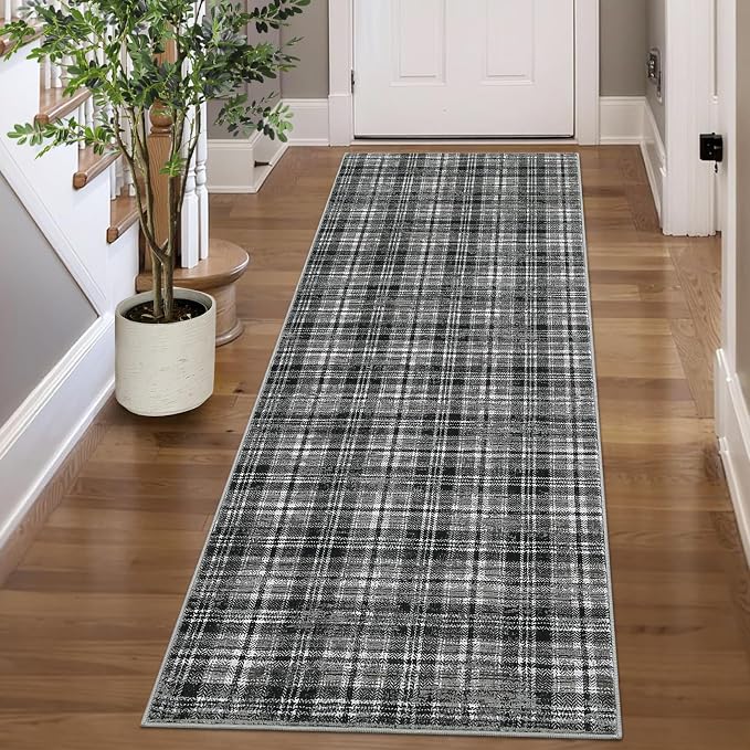 Tartan Plaid Washable Runner Rug 2.5x12 Non Slip Kitchen Rugs Modern Indoor Entryway Rug Soft Bath Mat Stain Resistant Carpet for Bedroom Hallway Laundry Black