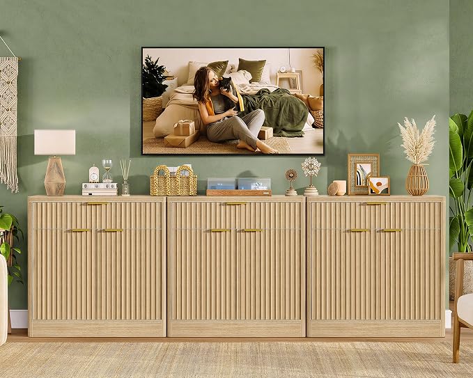31.5" W Storage Cabinet with Drawer and Adjustable Shelf, Coffee Bar Cabinet, Fluted Sideboard Buffet Cabinet with 2 Doors for Living Room, Kitchen, Entryway, Natural