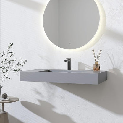 SJ STAR&JANE 35" x 19" in Solid Surface Bathroom Sink, Wall-Mount or Countertop Vessel Sink, Rectangle Floating Vanity Sink in Light Gray, Pre-installed Faucet Holes, Durable Modern Design
