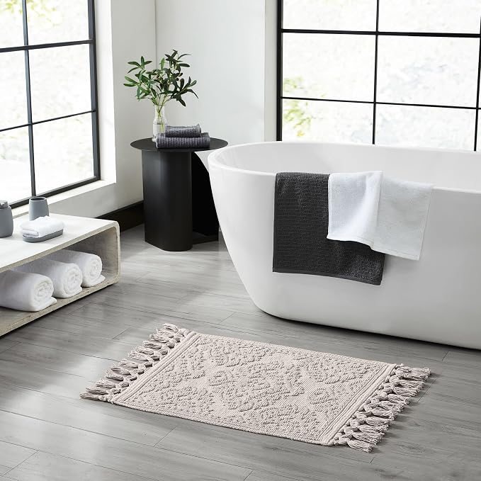 Jean Pierre - Ricardo Bath Mat, Woven Fringe Bathroom Rugs, 100% Cotton, Premium Bathroom Decor - Measures 27" x 52" - Light Gray
