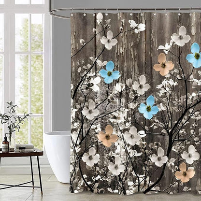 Rustic Shower Curtain Set Grey Watercolor Flower Bath Curtain 12 Hooks Country Farm Style Fabric Wooden Background Waterproof Shower Curtains 72×72 Inches