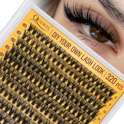 QUEWEL Lash Clusters 320Pcs 40D D Curl Lash Cluster Eyelash Extensions | Cluster Lashes Mix9-16mm Individual Eyelashes Clusters Wispy Lash Clusters Thin Band Soft to Use at Home(40D D Mix9-16)