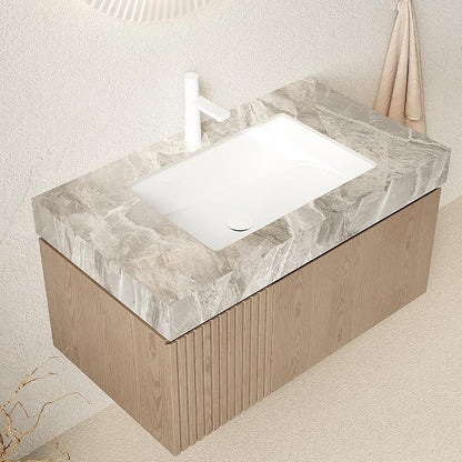 KEIKI 36 Inch Floating Bathroom Vanity with Sink, Light Brown & Grey | Modern Wall Mounted Storage Cabinet w/ Drawer & Door, Pre-assembled Wood Panels, Sintered Stone Top & Ceramic Basin Combo Set