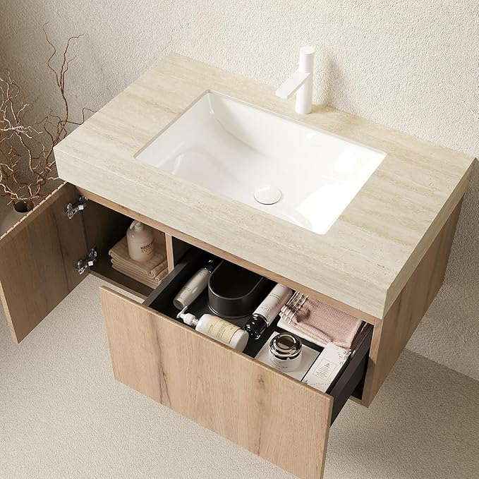 Ambrovina 36 inch Bathroom Vanity with Sink, Wall Mounted Storage Vanities with Drawer and Door, Roma Travertine-Pattern Countertop and Ceramic Basin, Pre-Assembled Cabinet, Light Wooden Color