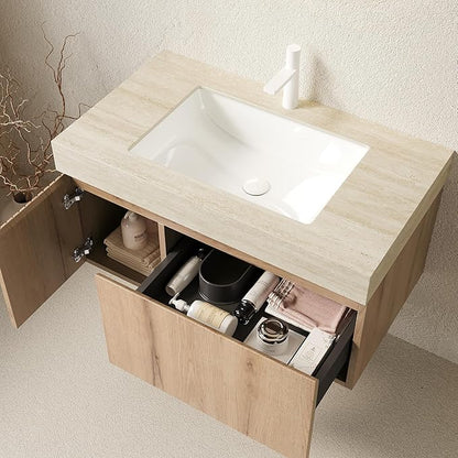 Ambrovina 36 inch Bathroom Vanity with Sink, Wall Mounted Storage Vanities with Drawer and Door, Roma Travertine-Pattern Countertop and Ceramic Basin, Pre-Assembled Cabinet, Light Wooden Color