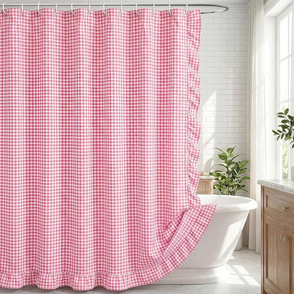 HunnmingRe Ruffled Gingham Shower Curtain Pink | 72'' x 72'' Vintage Farmhouse Curtain, Cotton Cottage Core Rural Checkered Plaid Decor, Fall Shower Curtain for Bathroom