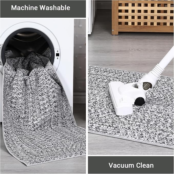 Printed Washable Runner Rugs 2x10 Rug for Living Room Bath Mat Modern Imitation Braided Bedroom Rug Non Slip Geometric Area Rug Kitchen Rugs Stain Resistant Carpet 2'x10' Light Grey