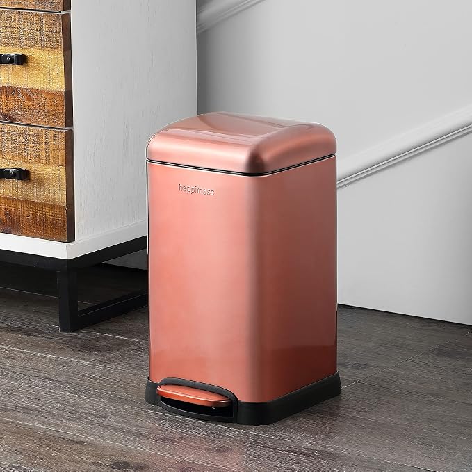happimess Betty Retro Mini 3.2 Gal Step Trash Can, Rose Gold | Soft-Close Lid, Fingerprint Proof, Removable Liner, Stainless Steel, Hands-Free Pedal
