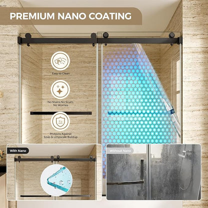 Frameless Stainless Steel Sliding Shower Door, 56-60" W x 60" H - 5/16" (8mm) Thick Tempered Glass Rust-Proof Glass Shower Door with Dual Tracks in Matte Black