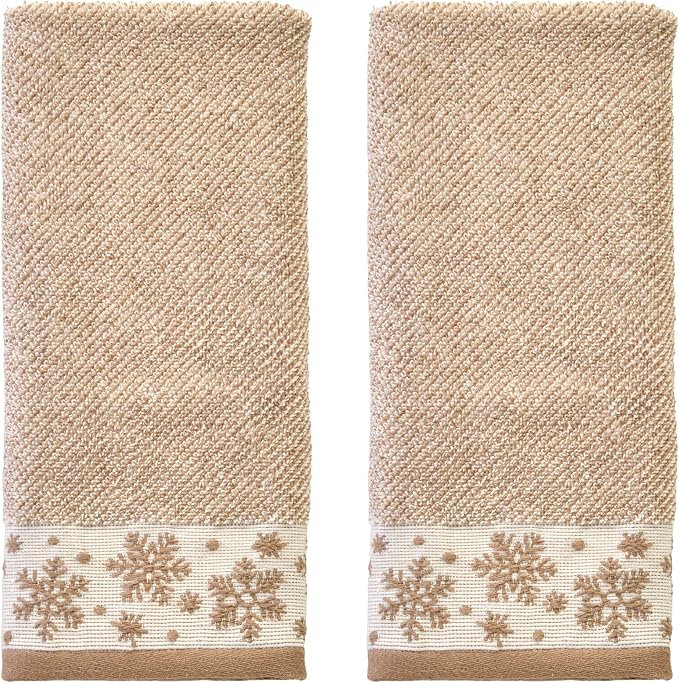 SKL Home Christmas/Winter Heather Snowflake Hand Towel Set-2pc, Tan | 100% Cotton. 500 GSM. Plush & absorbent jacquard. Great for the bathroom, kitchen or bar & gifting.