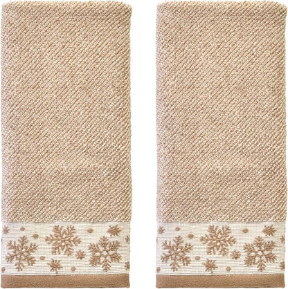 SKL Home Christmas/Winter Heather Snowflake Hand Towel Set-2pc, Tan | 100% Cotton. 500 GSM. Plush & absorbent jacquard. Great for the bathroom, kitchen or bar & gifting.