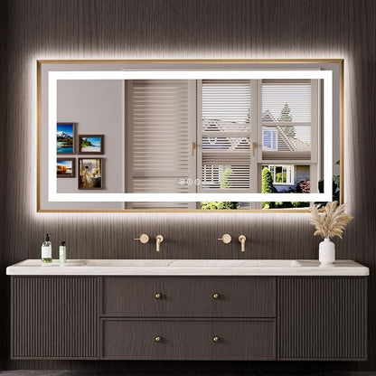 60"X30" LED Bathroom Mirror with Front Lit and Backlit(Brushed Gold) | Metal Framed Mirror, Stepless Dimmable, Anti-Fog, HD Reflection, Shatter-Proof, Memory, 3 Colors, Double LED Vanity Mirror.